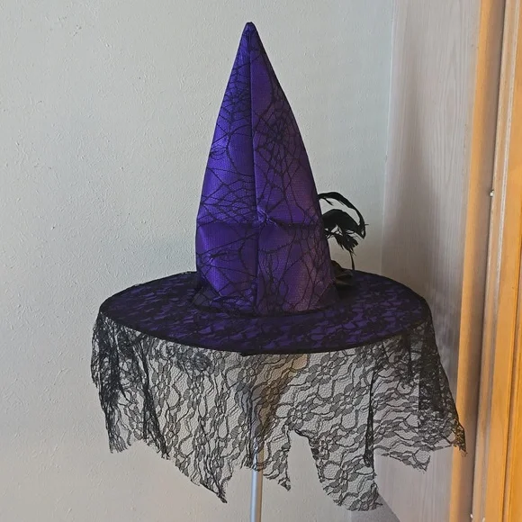 Halloween Witch Hat Purple Costume Skull Spider Web Lace - Picture 4 of 7